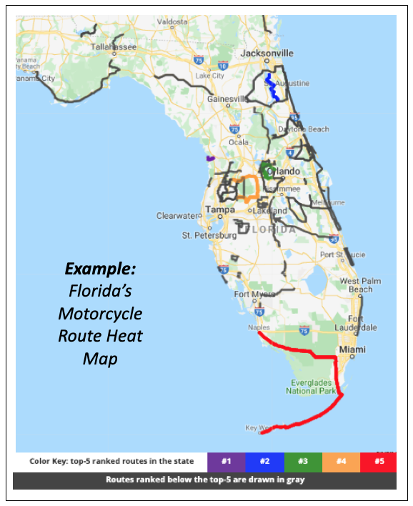 the Top-5 motorcycle routes (per state) are now color coded