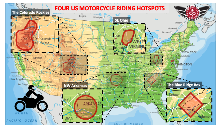 map of 4 US motorcycle riding hotspots